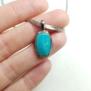 Vintage Blue Stone Sterling Silver Pendant on Long Flat Chain Necklace Tarnished
